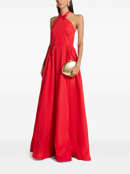 Bold Red Halter Neck Tie-Detail Taffeta Ball Gown