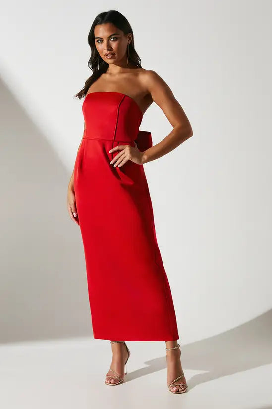 Bold Ruby Red Strapless Midi Dress with Oversized Back Bow Detail, Prom Dress