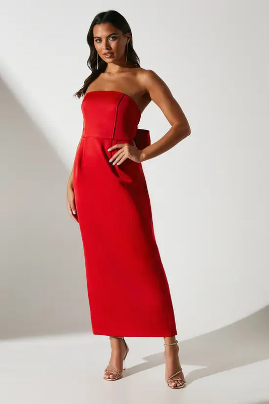 Bold Ruby Red Strapless Midi Dress with Oversized Back Bow Detail, Prom Dress