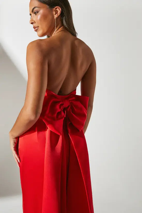 Bold Ruby Red Strapless Midi Dress with Oversized Back Bow Detail, Prom Dress