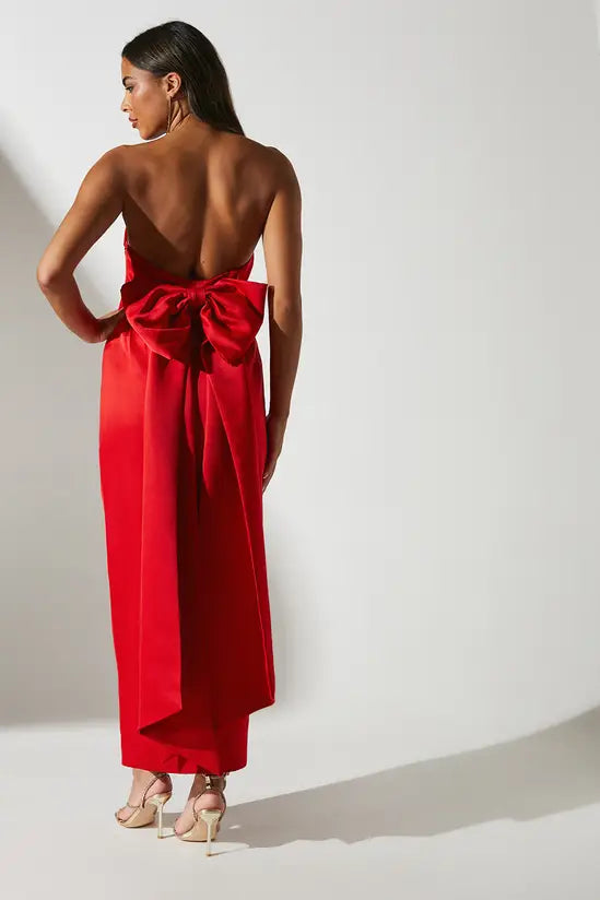 Bold Ruby Red Strapless Midi Dress with Oversized Back Bow Detail, Prom Dress