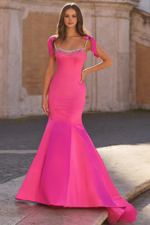 Bow Strap Square Neck Crystal Embellished Hot Pink Satin Mermaid Cathedral Train Prom Dresses