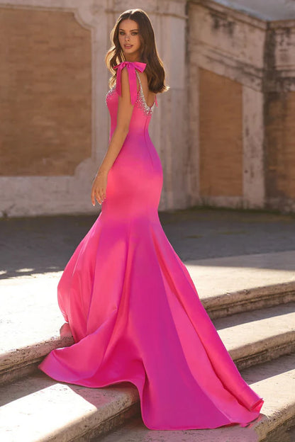 Bow Strap Square Neck Crystal Embellished Hot Pink Satin Mermaid Cathedral Train Prom Dresses