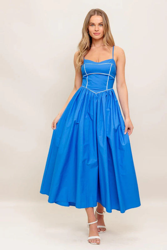 Bright Blue Spaghetti Strap Corset Top White Piping Midi A Line Formal Evening Prom Dress