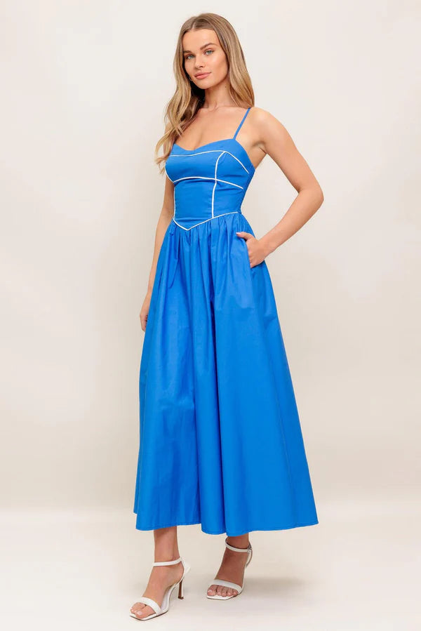 Bright Blue Spaghetti Strap Corset Top White Piping Midi A Line Formal Evening Prom Dress