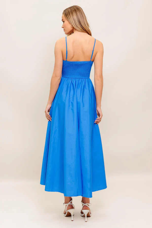 Bright Blue Spaghetti Strap Corset Top White Piping Midi A Line Formal Evening Prom Dress