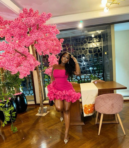 Bright Pink Strapless Homecoming Dress With Ruffled Satin Hem And Form-Fitting Silhouette For Formal Evening Party