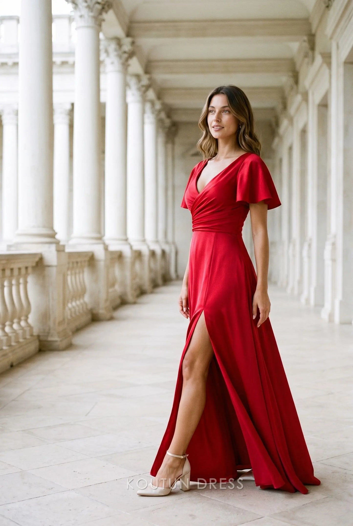 Bright Red Satin Surplice V Neck Flutter Short Sleeve Corset Lace Up Back High Slit A Line Maxi Prom Dress