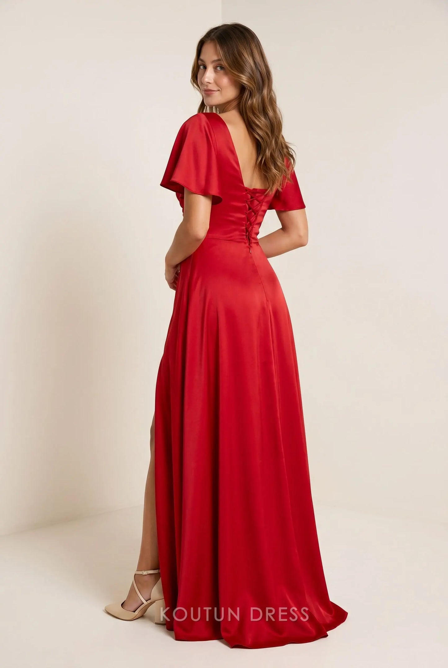 Bright Red Satin Surplice V Neck Flutter Short Sleeve Corset Lace Up Back High Slit A Line Maxi Prom Dress