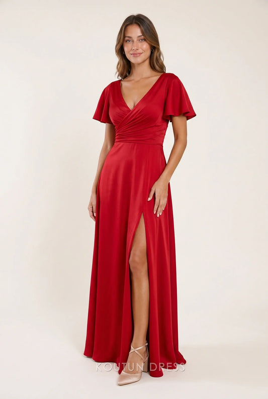 Bright Red Satin Surplice V Neck Flutter Short Sleeve Corset Lace Up Back High Slit A Line Maxi Prom Dress