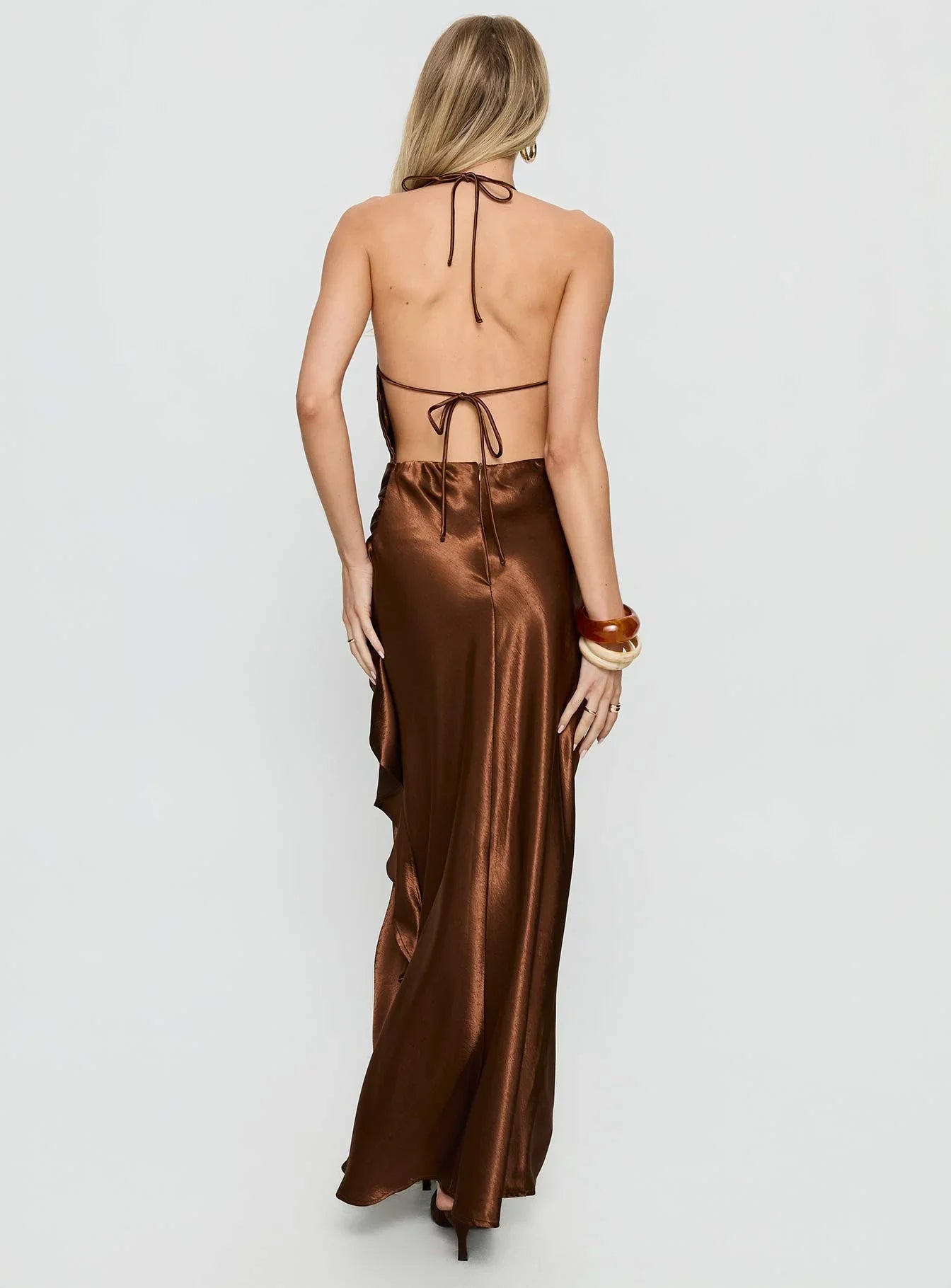 Bronze Halter Prom Dress with Satin Fabric and Draped Detail for Formal Events and Prom Nights