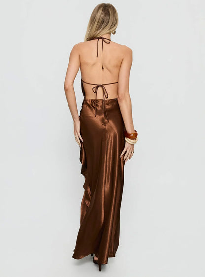 Bronze Halter Prom Dress with Satin Fabric and Draped Detail for Formal Events and Prom Nights