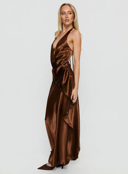 Bronze Halter Prom Dress with Satin Fabric and Draped Detail for Formal Events and Prom Nights
