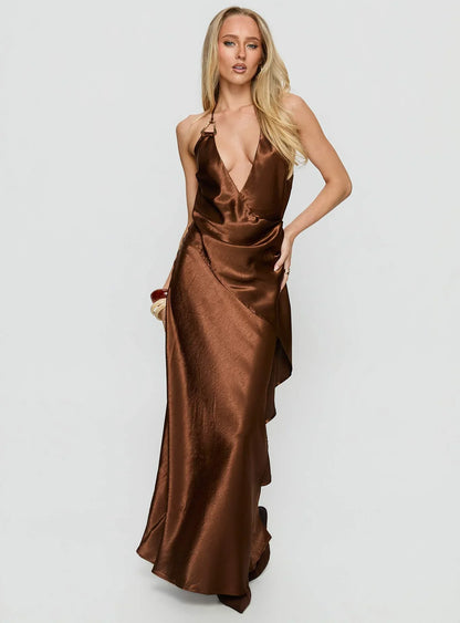 Bronze Halter Prom Dress with Satin Fabric and Draped Detail for Formal Events and Prom Nights