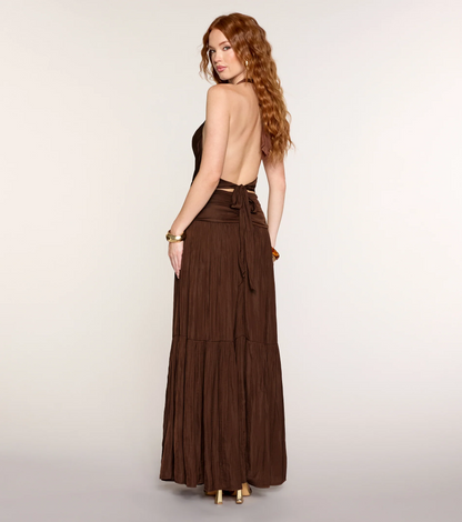 Brown Cowl Neck Halter Backless Ruched Slit Maxi Evening Dresses