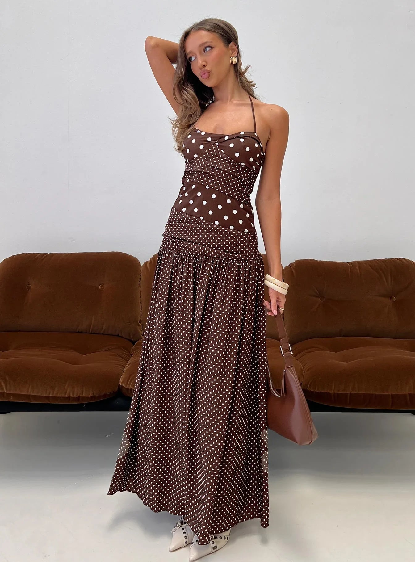 Brown Halter Polka Dot Prom Dress with Tiered Skirt and Ruched Bodice for Formal Events and Prom Nights