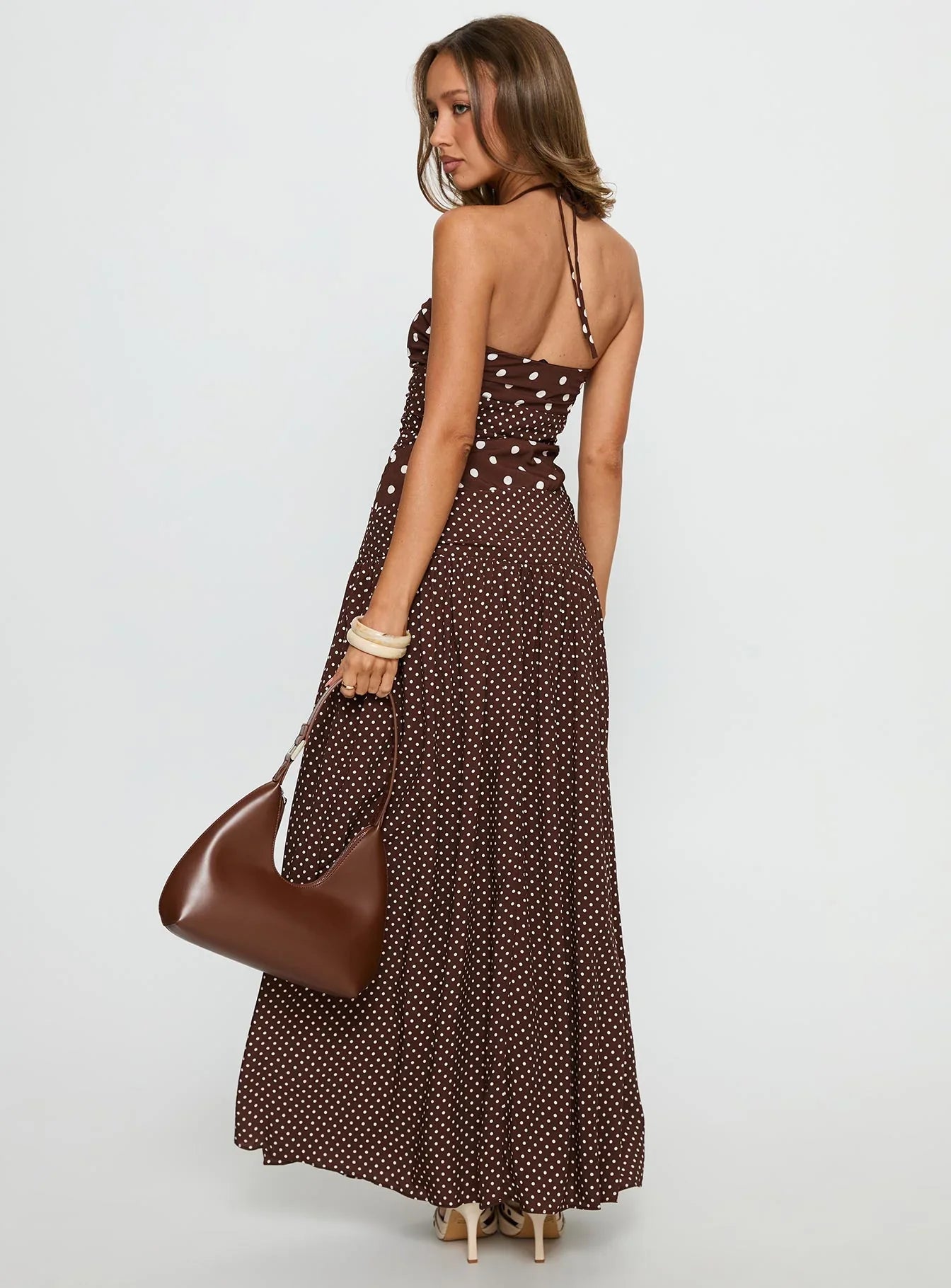 Brown Halter Polka Dot Prom Dress with Tiered Skirt and Ruched Bodice for Formal Events and Prom Nights