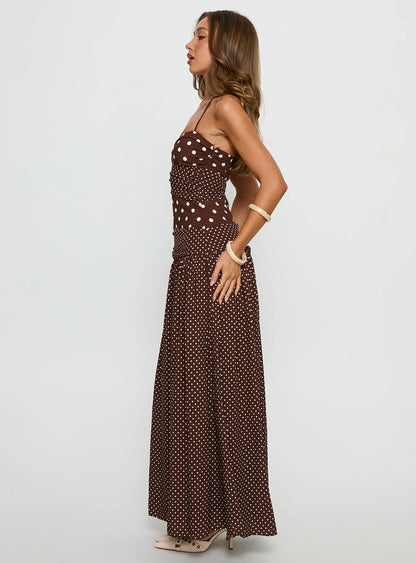 Brown Halter Polka Dot Prom Dress with Tiered Skirt and Ruched Bodice for Formal Events and Prom Nights