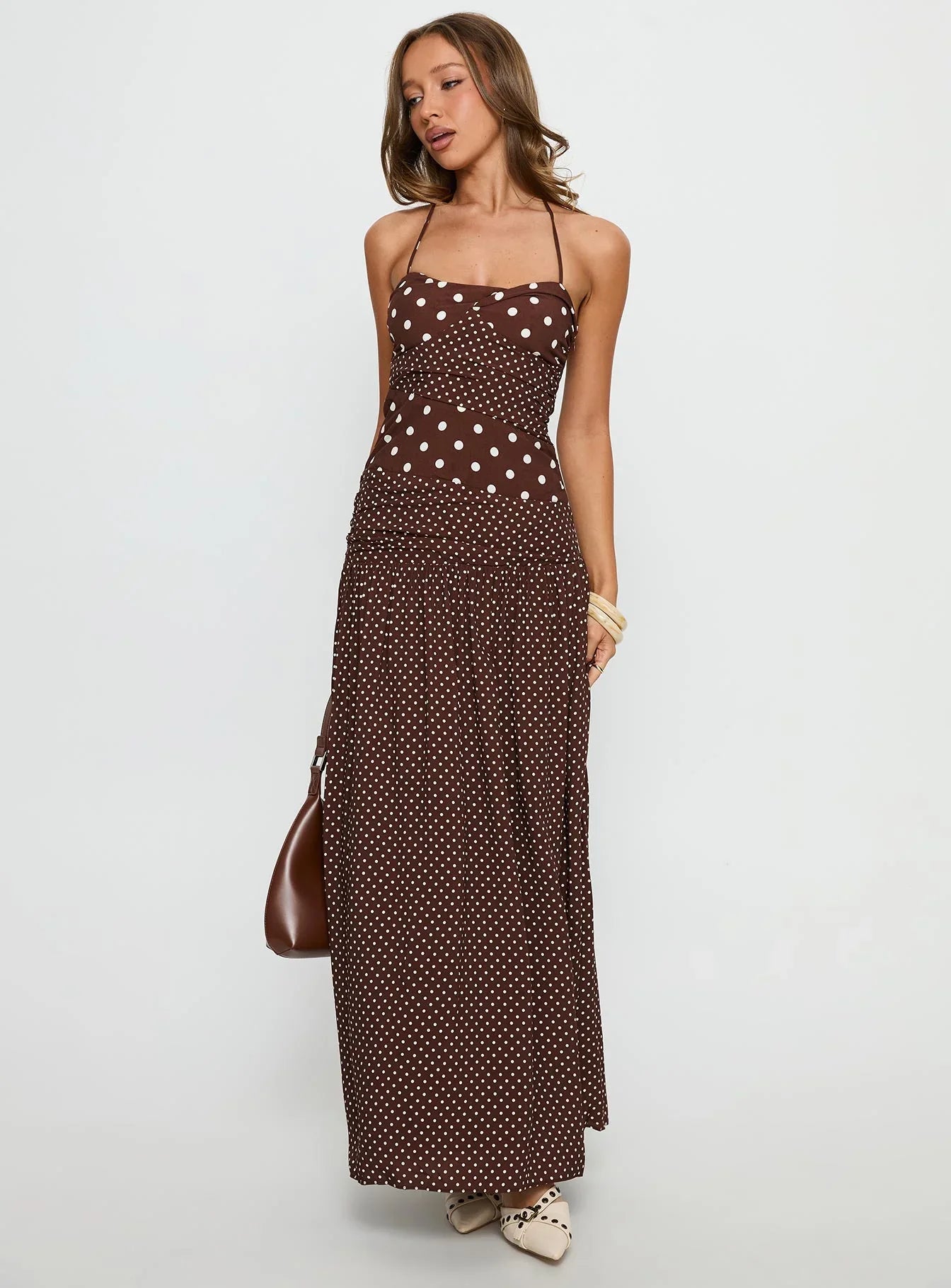 Brown Halter Polka Dot Prom Dress with Tiered Skirt and Ruched Bodice for Formal Events and Prom Nights