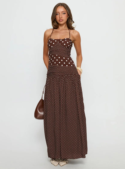 Brown Halter Polka Dot Prom Dress with Tiered Skirt and Ruched Bodice for Formal Events and Prom Nights