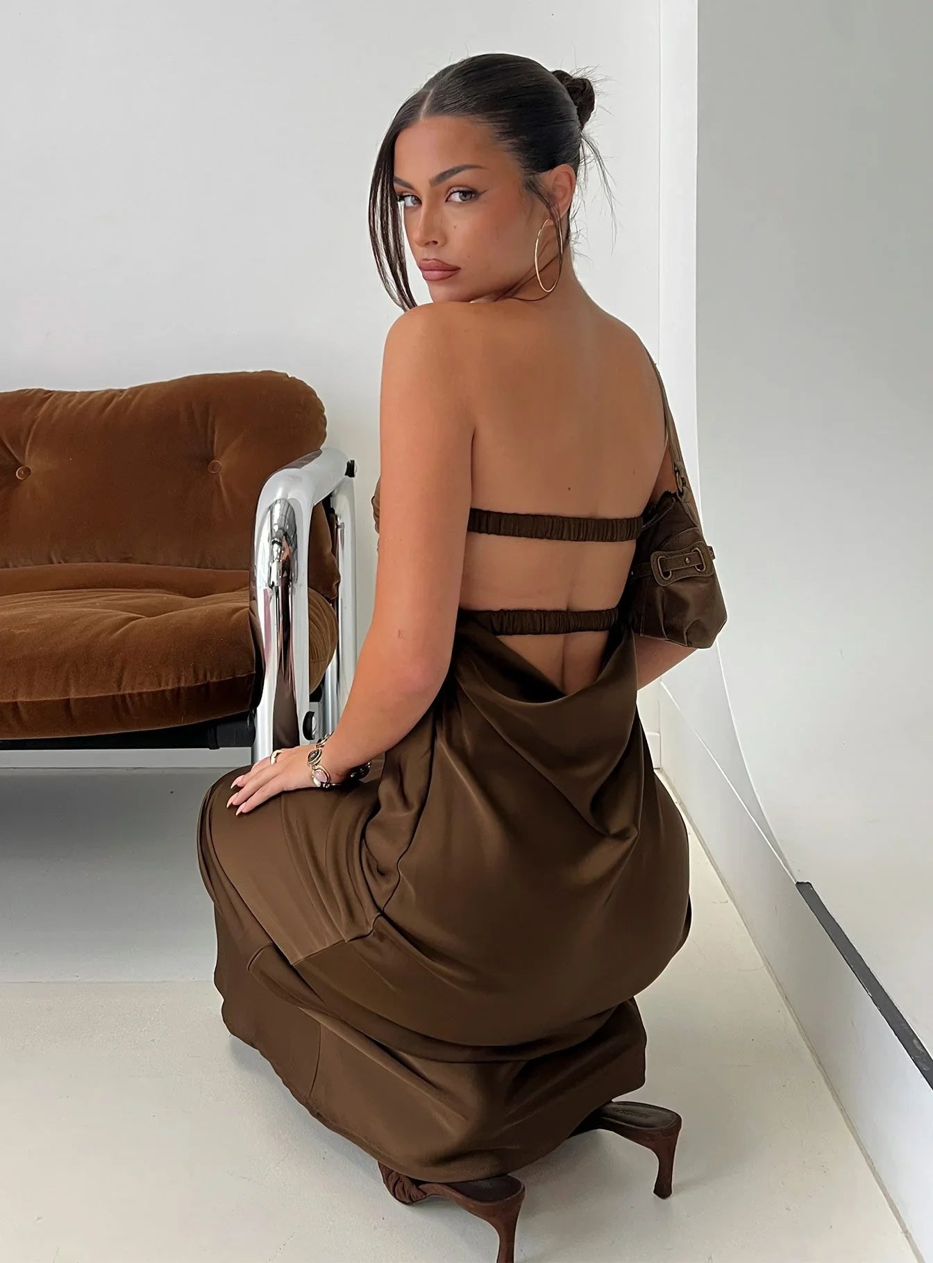 Brown Satin Strapless Prom Dress with Twisted Bust and Open Back Detail for Formal Events and Prom Nights