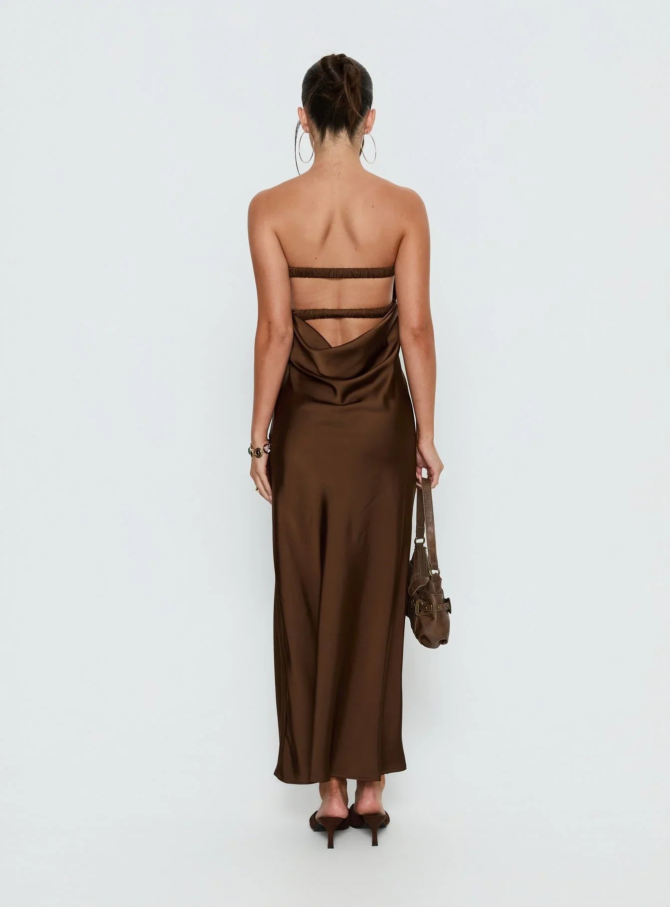 Brown Satin Strapless Prom Dress with Twisted Bust and Open Back Detail for Formal Events and Prom Nights