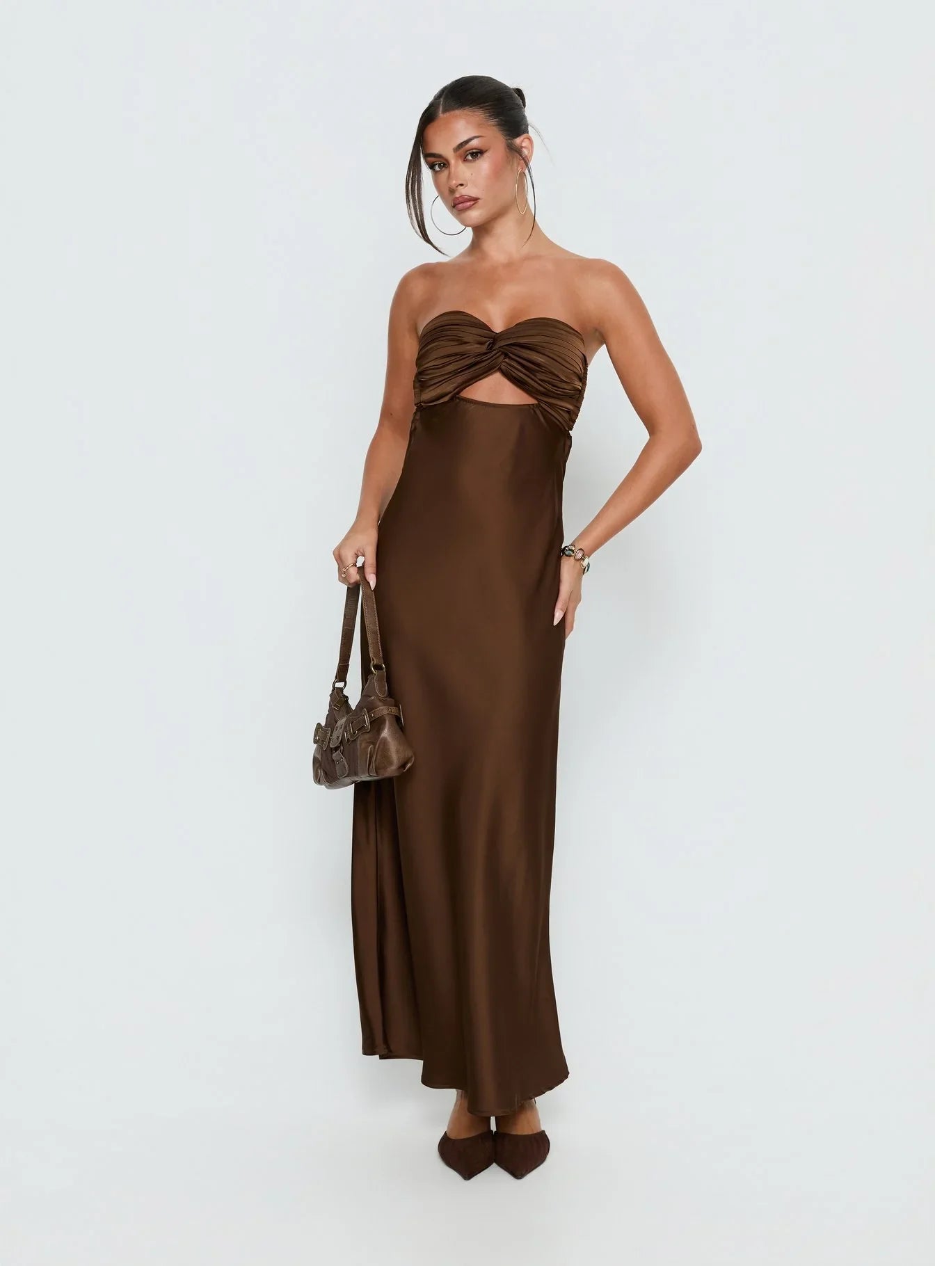 Brown Satin Strapless Prom Dress with Twisted Bust and Open Back Detail for Formal Events and Prom Nights