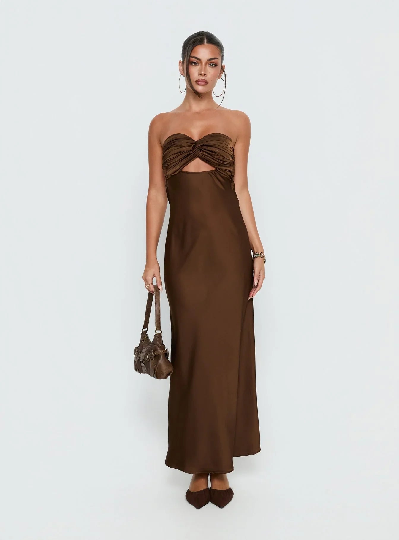 Brown Satin Strapless Prom Dress with Twisted Bust and Open Back Detail for Formal Events and Prom Nights