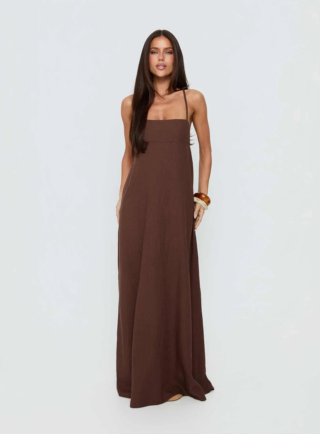 Brown Spaghetti Strap Prom Dress with Crisscross Back and Tie Detail for Formal Events and Prom Nights