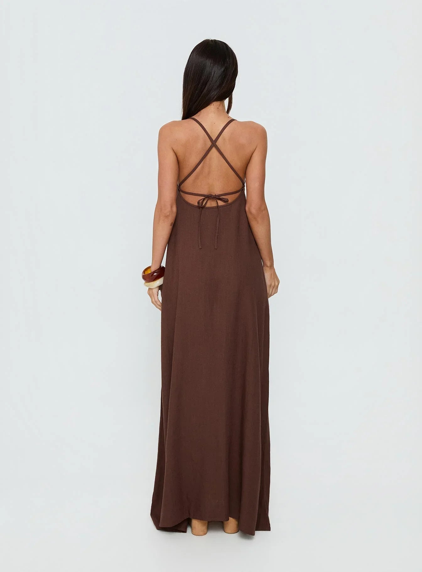 Brown Spaghetti Strap Prom Dress with Crisscross Back and Tie Detail for Formal Events and Prom Nights