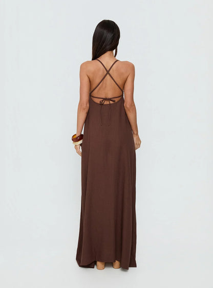 Brown Spaghetti Strap Prom Dress with Crisscross Back and Tie Detail for Formal Events and Prom Nights