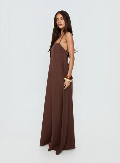Brown Spaghetti Strap Prom Dress with Crisscross Back and Tie Detail for Formal Events and Prom Nights