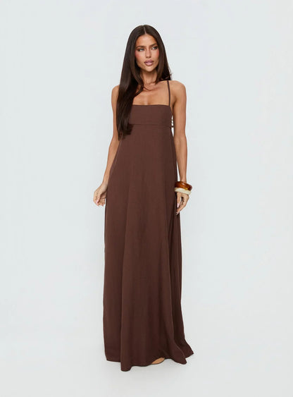 Brown Spaghetti Strap Prom Dress with Crisscross Back and Tie Detail for Formal Events and Prom Nights