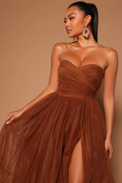 Brown Strapless Sweetheart Ruched Tulle High Slit A Line Evening Dress