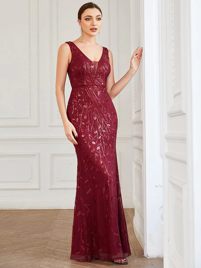 Sequin Sleeveless V-Neck Backless Bodycon Fishtail Evening Dress – Koutun Dress