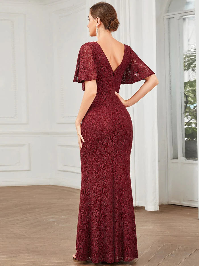 Short Cape Sleeve Embroidered Lace Bodycon Evening Dress – Koutun Dress