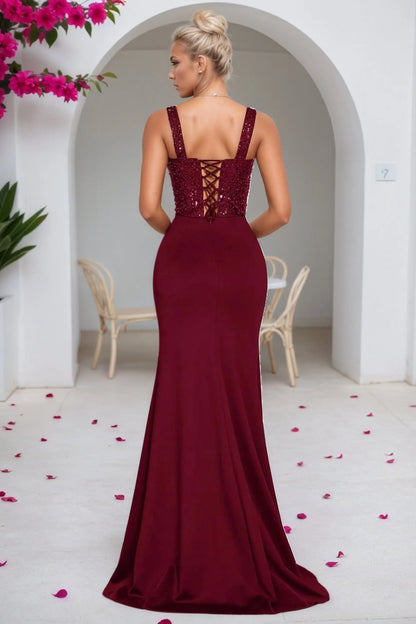 Burgundy Corset Mermaid Prom Dress with Sequin Bodice and High Slit for Formal Events and Prom Nights