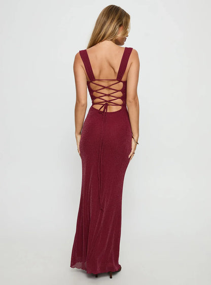 Burgundy Glitter Prom Dress with Corset Lace Up Back and Sweetheart Neck for Formal Events and Prom Nights