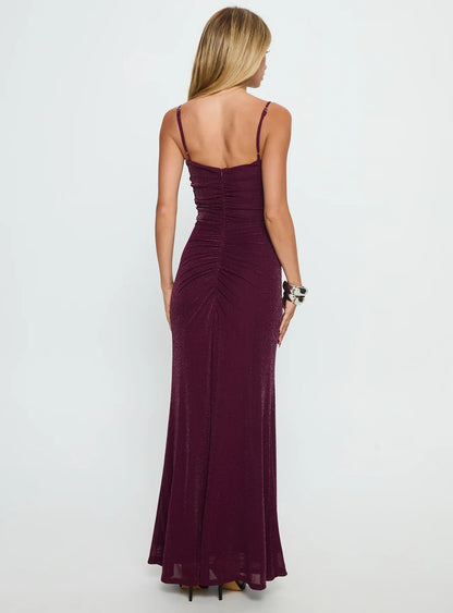 Burgundy Glitter Prom Dress with Spaghetti Straps and Cutout Mermaid Silhouette for Formal Events and Prom Nights