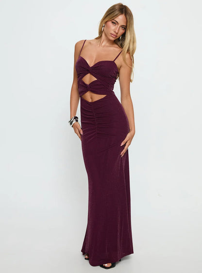 Burgundy Glitter Prom Dress with Spaghetti Straps and Cutout Mermaid Silhouette for Formal Events and Prom Nights