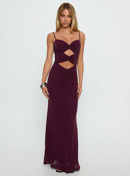 Burgundy Glitter Prom Dress with Spaghetti Straps and Cutout Mermaid Silhouette for Formal Events and Prom Nights