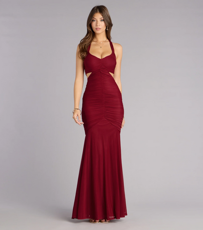 Burgundy Halter Cutout Ruched Mesh Mermaid Long Evening Dresses