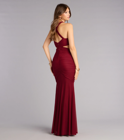 Burgundy Halter Cutout Ruched Mesh Mermaid Long Evening Dresses