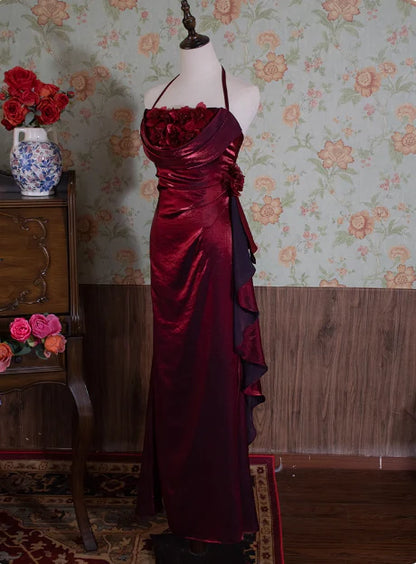 Burgundy Halter Prom Dress With Floral Accents Asymmetrical Ruffle And Shiny Metallic Satin Formal Prom Dress