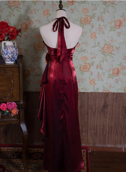 Burgundy Halter Prom Dress With Floral Accents Asymmetrical Ruffle And Shiny Metallic Satin Formal Prom Dress