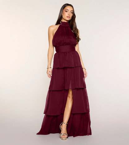 Burgundy Halter Tiered Chiffon Open Back Slit Evening Dresses