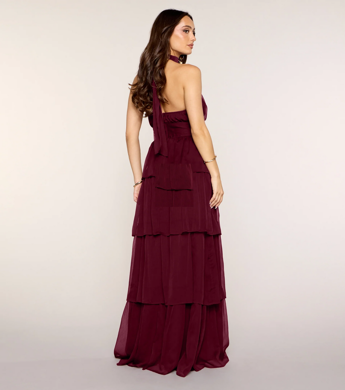 Burgundy Halter Tiered Chiffon Open Back Slit Evening Dresses