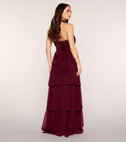 Burgundy Halter Tiered Chiffon Open Back Slit Evening Dresses