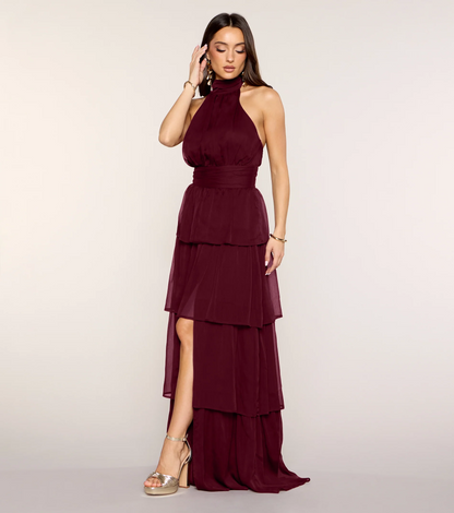 Burgundy Halter Tiered Chiffon Open Back Slit Evening Dresses