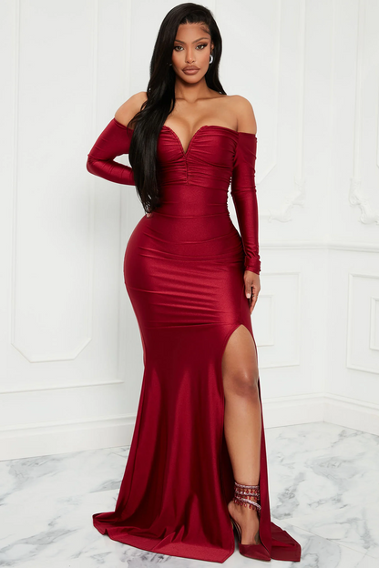Burgundy Off Shoulder Long Sleeve Ruched High Slit Mermaid Evening Dress